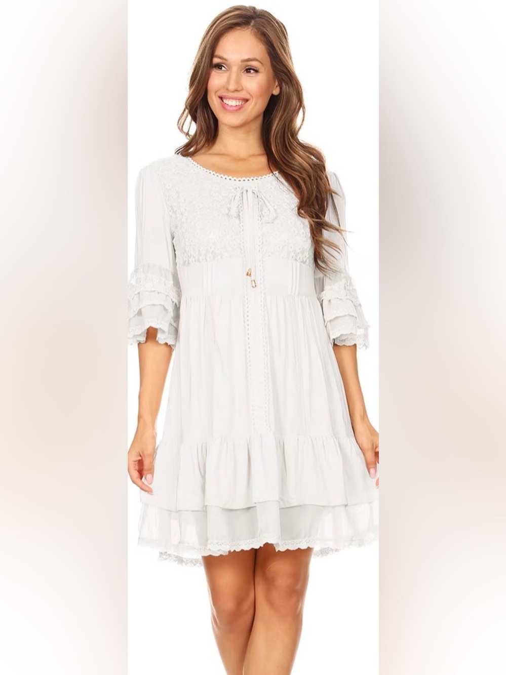 Lightweight White Lace-Trim Mini Dress with Ruffle Sleeves